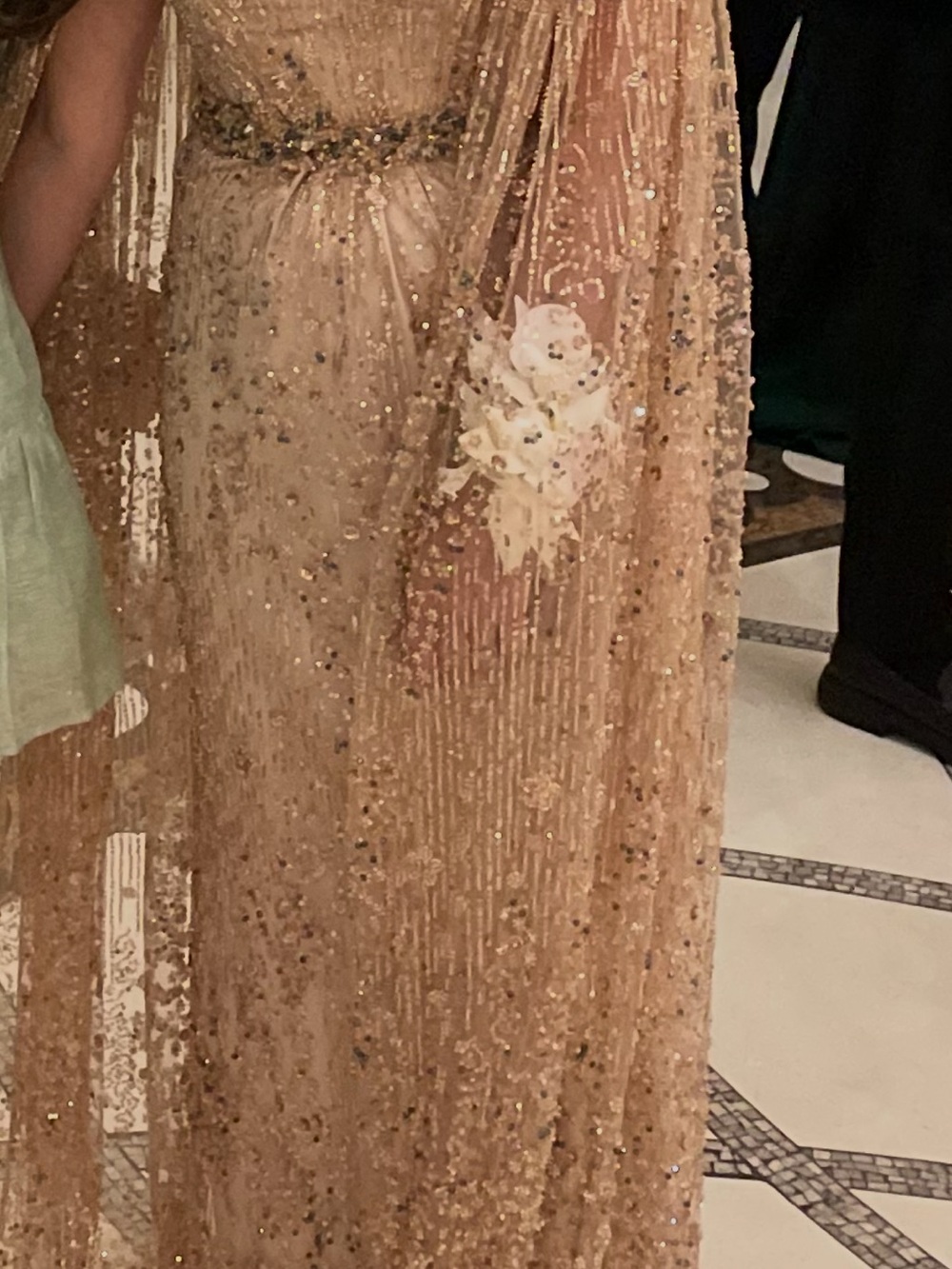 Beaded Champagne Evening Gown with Sheer Cape